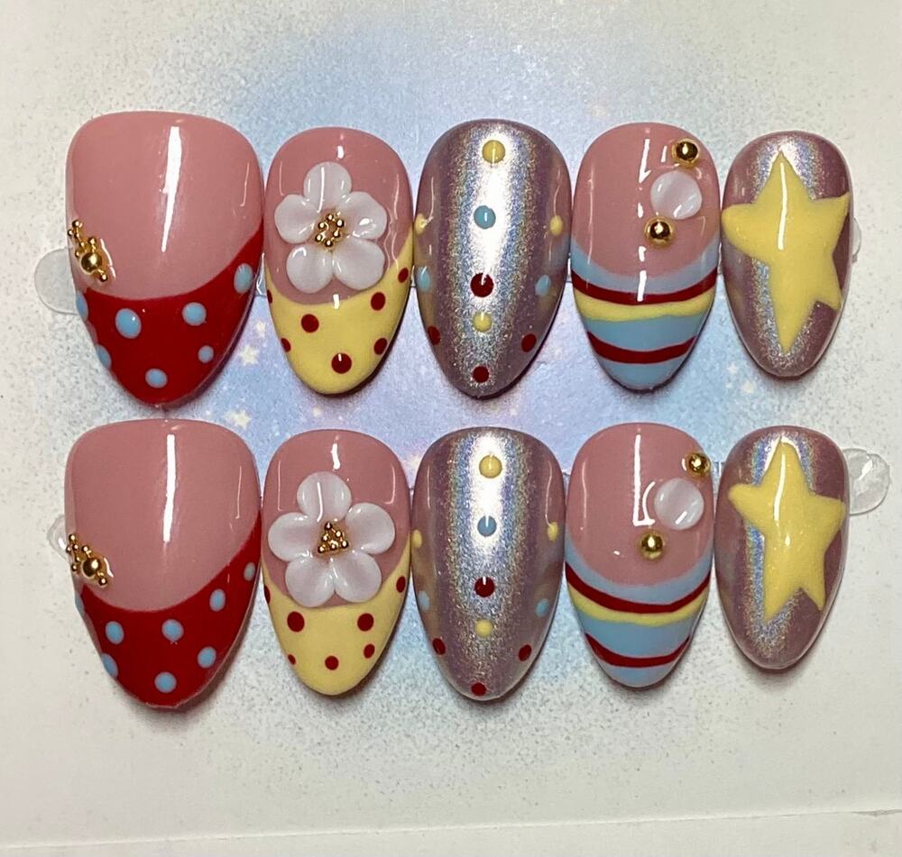 Y2K 3D Flower Colorful Mixed Print French Tip Short Almond Press-On Nails Large